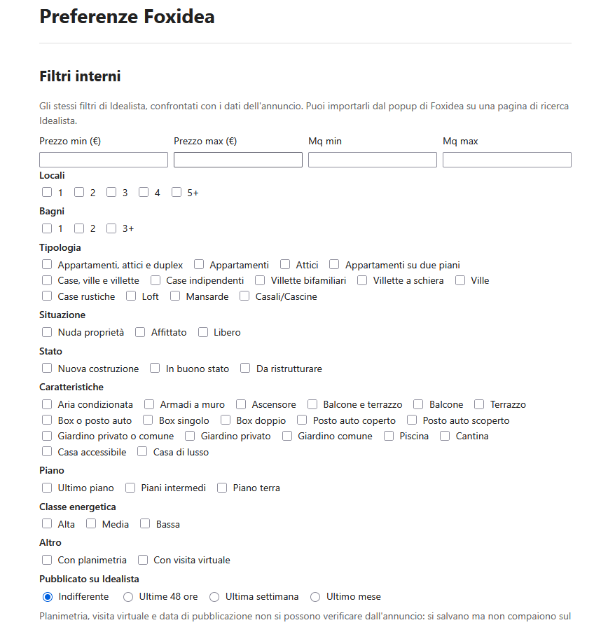 Preferenze di Foxidea con i filtri salvati